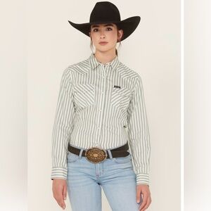 Wrangler Olive Green and White Striped Button-Down Shirt